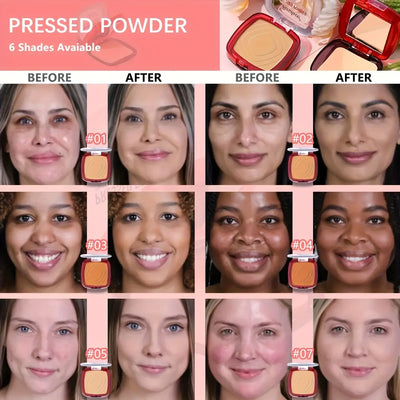 Frost Glow Cosmetics matte pressed powder foundation. Full coverage, 24H wear, weightless finish with puff applicator for all-day makeup.