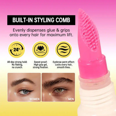 Frost Glow Cosmetics brow lamination gel with comb. Clear, strong-hold brow glue for lifted, defined, long-lasting eyebrow makeup.