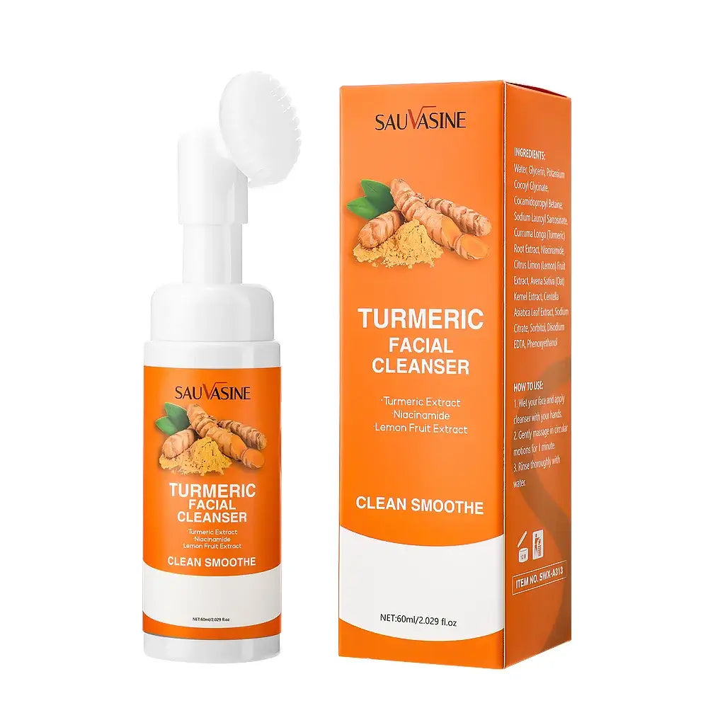 Frost Glow Cosmetics turmeric & lemon cleanser brightens, moisturizes & evens skin tone. Gentle foaming face wash with brush.
