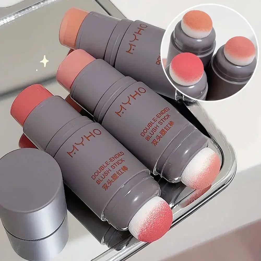 Frost Glow Cosmetics Blush Stick with creamy color swatch on hand and model showcasing a radiant blush application.