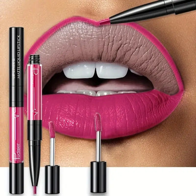 Frost Glow Cosmetics lip liner and matte liquid lipstick on beautifully defined lips, showcasing deep burgundy shades.