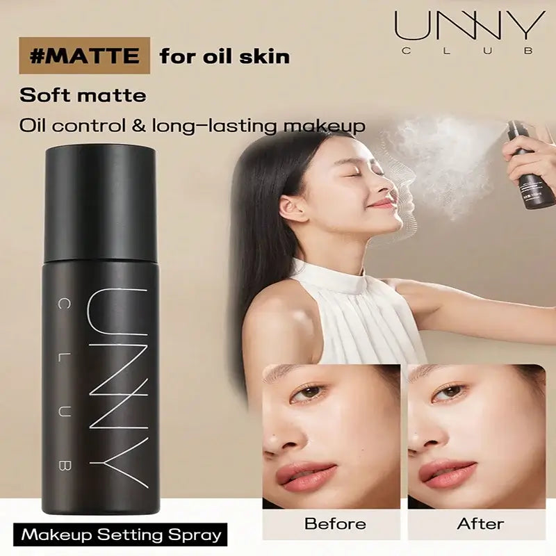 Frost Glow Cosmetics 100ml makeup setting spray. Oil-free, waterproof, sweatproof mist with matte & shimmer finish, long-lasting wear.