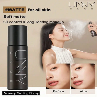 Frost Glow Cosmetics 100ml makeup setting spray. Oil-free, waterproof, sweatproof mist with matte & shimmer finish, long-lasting wear.