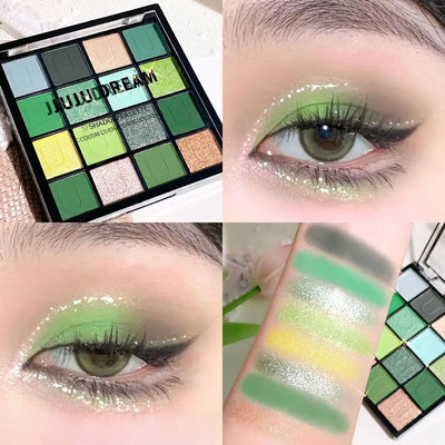 Frost Glow Cosmetics 16-color eyeshadow palette. Matte, pearl & glitter shades like Koi, Mermaid & Enchanted Forest for festival looks.