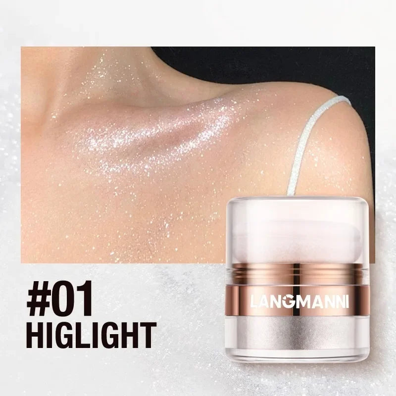 Frost Glow Cosmetics glitter highlighter powder. Diamond glow, pearlescent shimmer for face & body. Long-lasting luminous makeup finish.