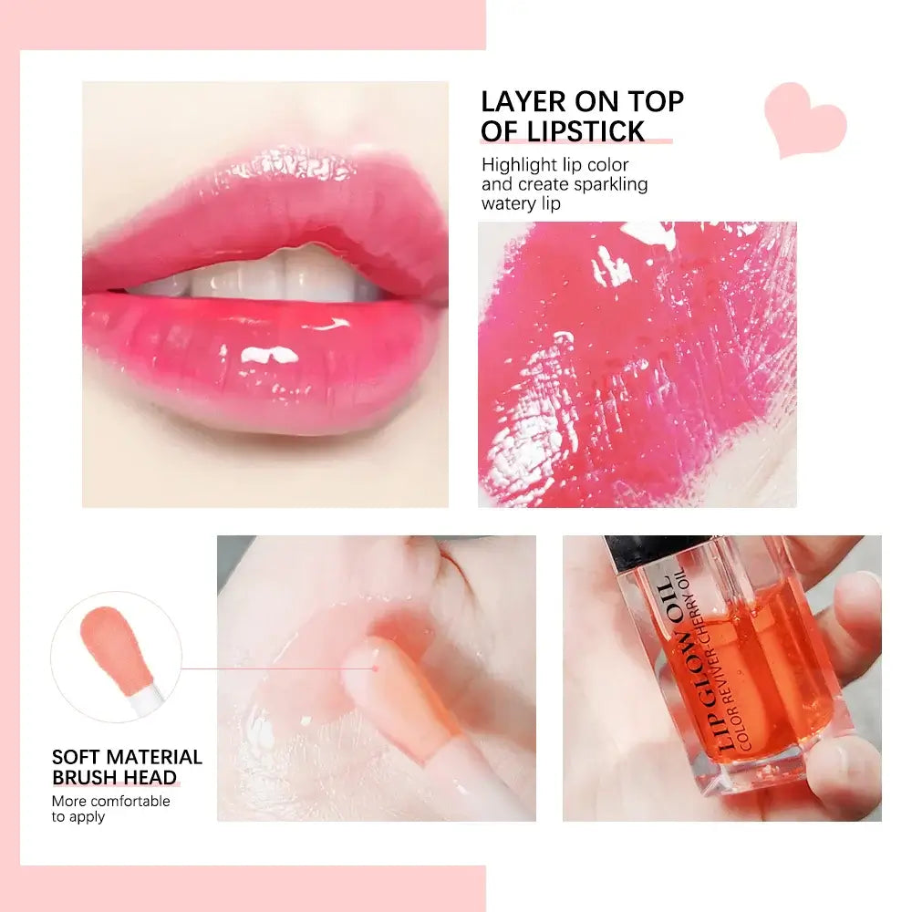 Frost Glow Cosmetics lip oil balms in pink, coral, and berry shades on a pink background.