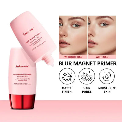 Lakerain Blur Magnet Primer shown in packaging, demonstrating application on skin for a flawless makeup finish.