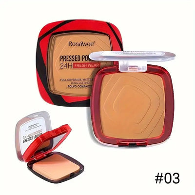 Frost Glow Cosmetics matte pressed powder foundation. Full coverage, 24H wear, weightless finish with puff applicator for all-day makeup.