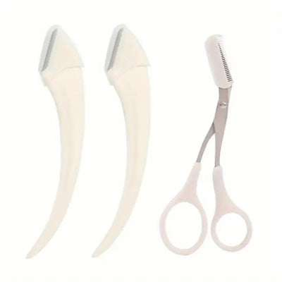 Frost Glow Cosmetics eyebrow trimmer set with curved razor, scissors & comb. Easy beauty tools for shaping brows at home.