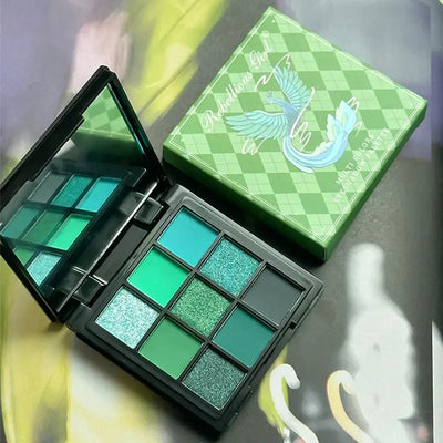Frost Glow Cosmetics 9-color eyeshadow palette. Shimmer & matte shades for vibrant festival, party & stage-ready eye makeup looks.