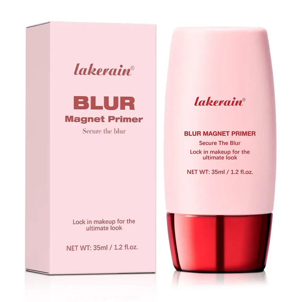 Lakerain Blur Magnet Primer shown in packaging, demonstrating application on skin for a flawless makeup finish.