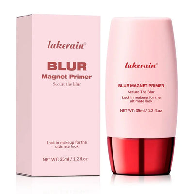 Lakerain Blur Magnet Primer shown in packaging, demonstrating application on skin for a flawless makeup finish.