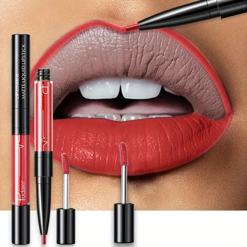Frost Glow Cosmetics lip liner and matte liquid lipstick on beautifully defined lips, showcasing deep burgundy shades.