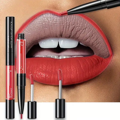 Frost Glow Cosmetics lip liner and matte liquid lipstick on beautifully defined lips, showcasing deep burgundy shades.