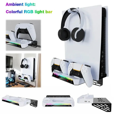 Mount your PS5 or PS5 Slim with ease using this wall kit. Includes dual controller charging station & headset holder for a clean setup.