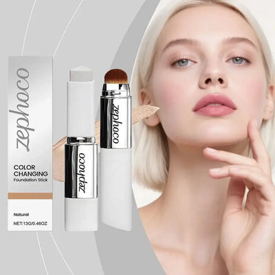 Double-head color-changing foundation stick from Frost Glow Cosmetics, displayed with three shades on a model's face.