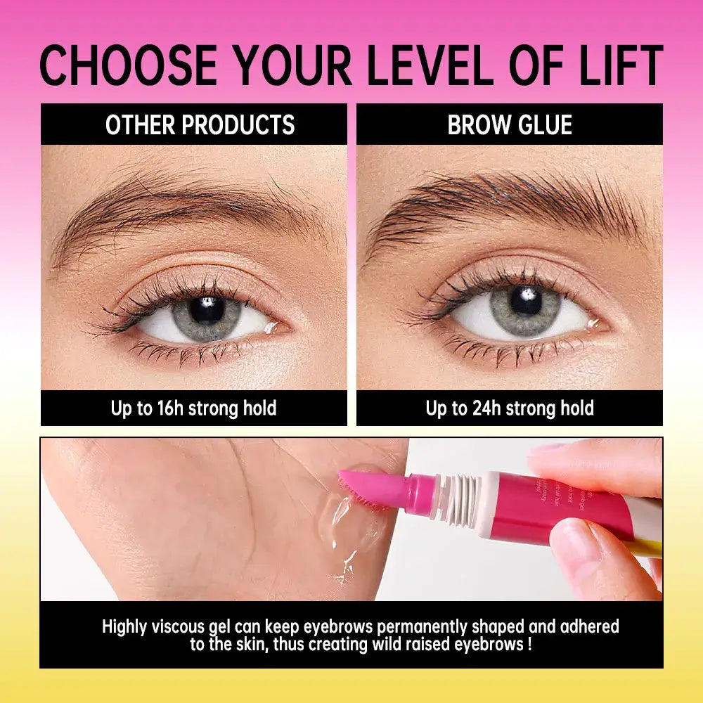 Frost Glow Cosmetics brow lamination gel with comb. Clear, strong-hold brow glue for lifted, defined, long-lasting eyebrow makeup.