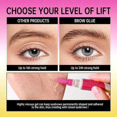 Frost Glow Cosmetics brow lamination gel with comb. Clear, strong-hold brow glue for lifted, defined, long-lasting eyebrow makeup.
