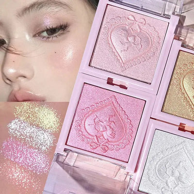 Frost Glow Cosmetics Diamond Shimmer Highlighter shades with swatches and model, showcasing radiant glow and shimmering effect.