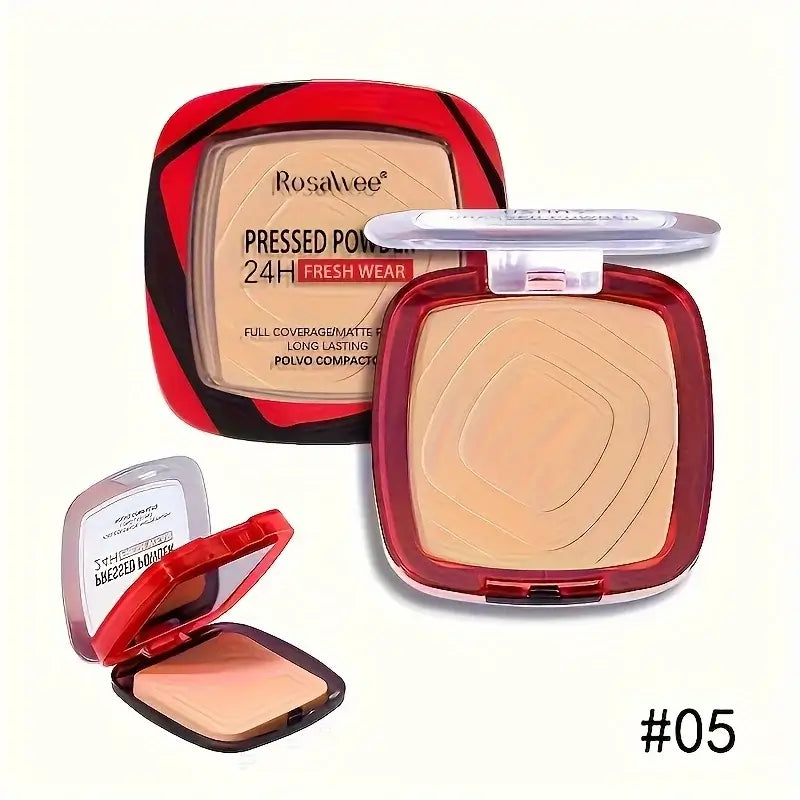 Frost Glow Cosmetics matte pressed powder foundation. Full coverage, 24H wear, weightless finish with puff applicator for all-day makeup.