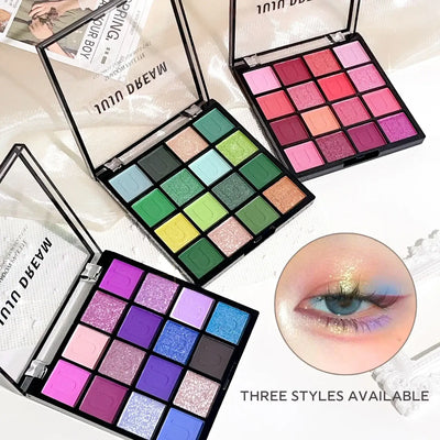 Frost Glow Cosmetics 16-color eyeshadow palette. Matte, pearl & glitter shades like Koi, Mermaid & Enchanted Forest for festival looks.