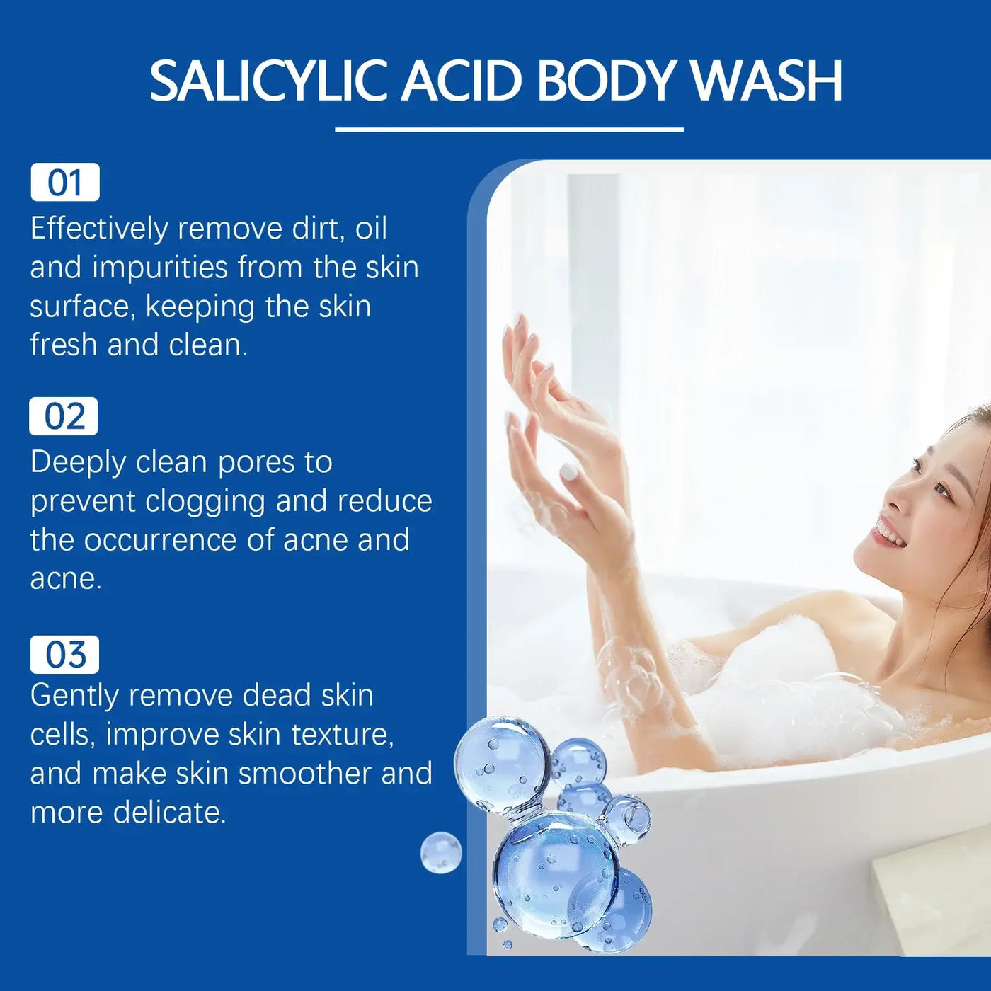 OceAura 1% Salicylic Acid Body Wash in packaging, showcasing moisturizing skin benefits, used by a person in the shower.
