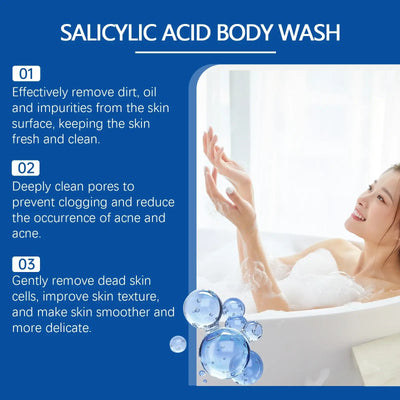OceAura 1% Salicylic Acid Body Wash in packaging, showcasing moisturizing skin benefits, used by a person in the shower.
