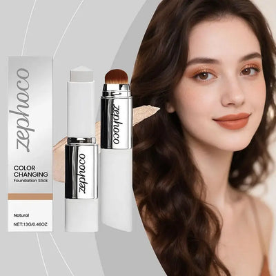Double-head color-changing foundation stick from Frost Glow Cosmetics, displayed with three shades on a model's face.