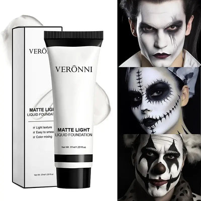 Frost Glow Cosmetics white liquid foundation delivers full coverage, oil control & long-lasting wear for cosplay, Halloween & stage makeup.