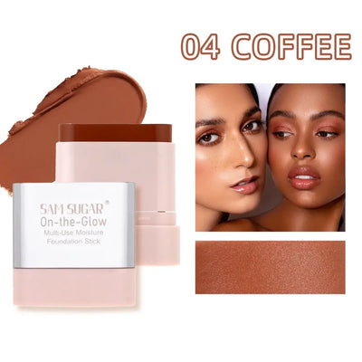Sam Sugar On-the-Glow Multi-Use Moisture Foundation Stick with swatches and models showcasing radiant makeup looks.