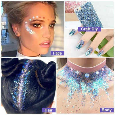 Collage of glamorous Halloween makeup featuring glitter tubes and creative face designs by Frost Glow Cosmetics.