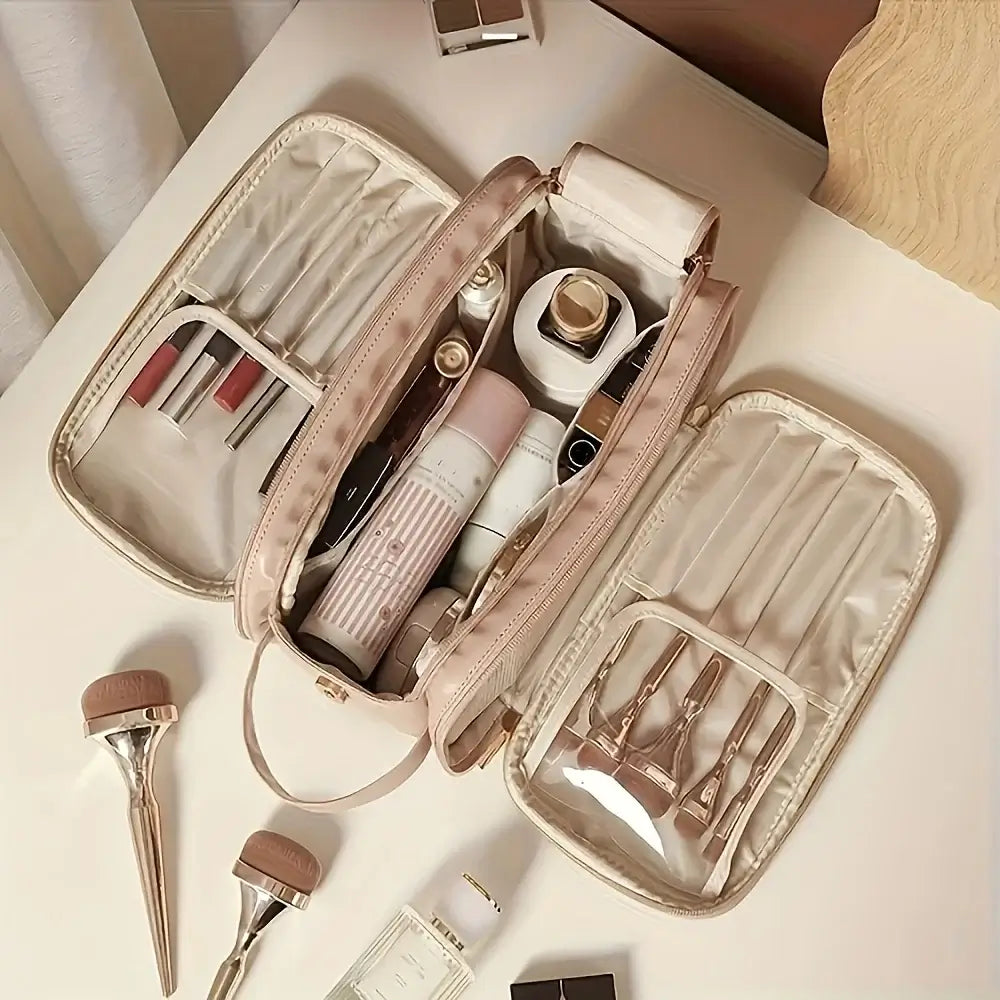 Luxury PU makeup pouch with large capacity. Multi-functional, odorless & portable cosmetic organizer for travel & daily use. Shop Frost Glow Cosmetics.