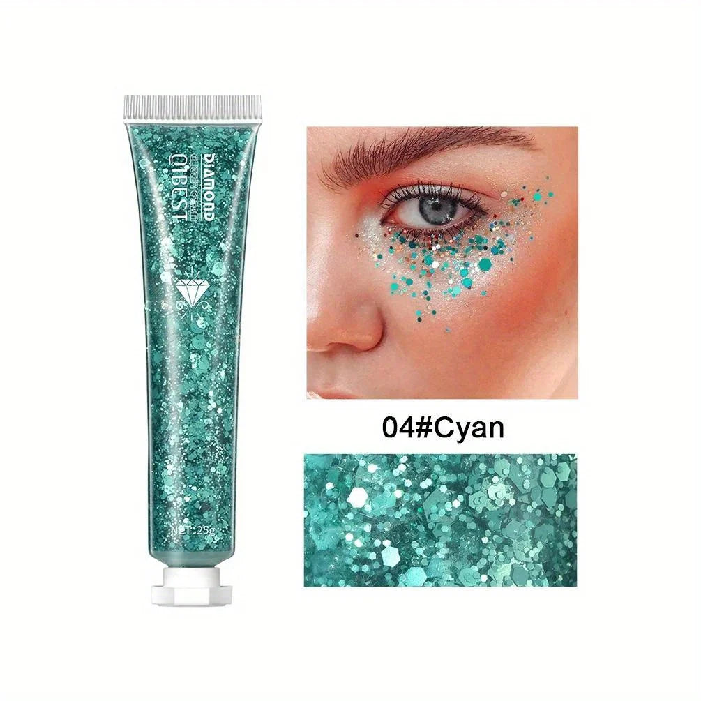 Collage of glamorous Halloween makeup featuring glitter tubes and creative face designs by Frost Glow Cosmetics.
