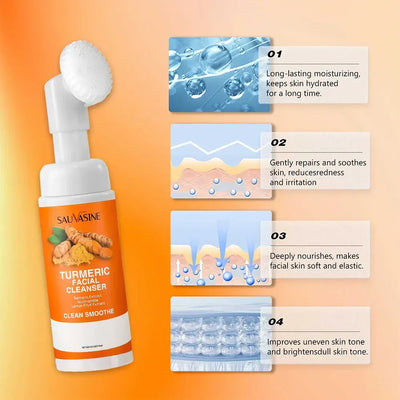 Frost Glow Cosmetics turmeric & lemon cleanser brightens, moisturizes & evens skin tone. Gentle foaming face wash with brush.