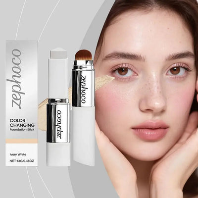 Double-head color-changing foundation stick from Frost Glow Cosmetics, displayed with three shades on a model's face.
