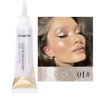 Model showcasing Frost Glow liquid highlighter with radiant skin and glossy makeup look.
