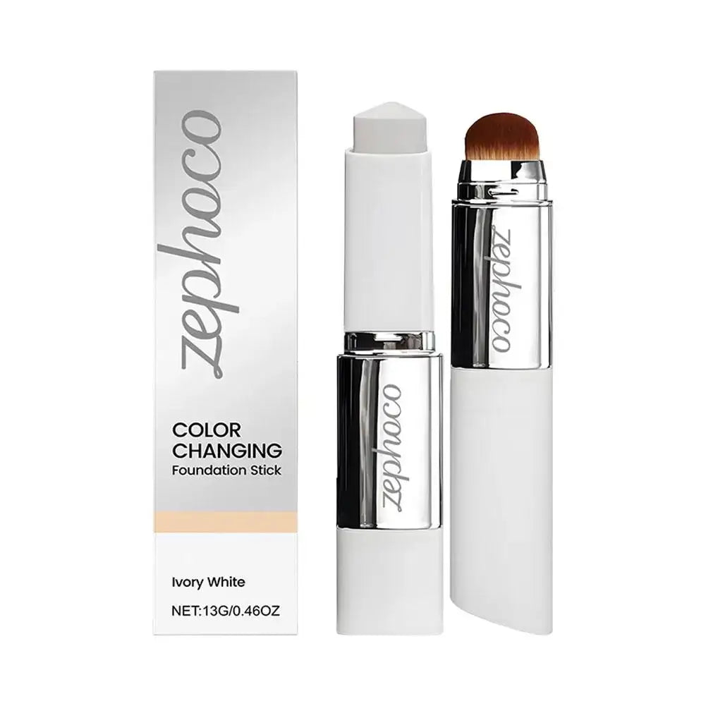 Double-head color-changing foundation stick from Frost Glow Cosmetics, displayed with three shades on a model's face.