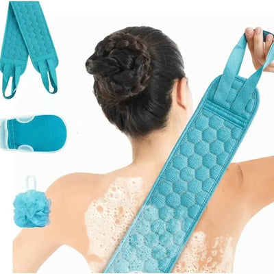 3-in-1 bath set with back scrubber, sponge & brush. Exfoliate, cleanse & massage skin for a refreshing spa-like shower.