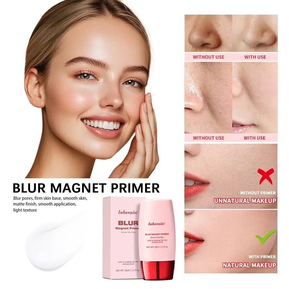 Lakerain Blur Magnet Primer shown in packaging, demonstrating application on skin for a flawless makeup finish.