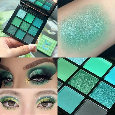 Frost Glow Cosmetics 9-color eyeshadow palette. Shimmer & matte shades for vibrant festival, party & stage-ready eye makeup looks.