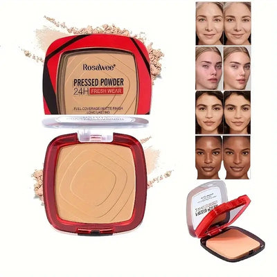 Frost Glow Cosmetics matte pressed powder foundation. Full coverage, 24H wear, weightless finish with puff applicator for all-day makeup.