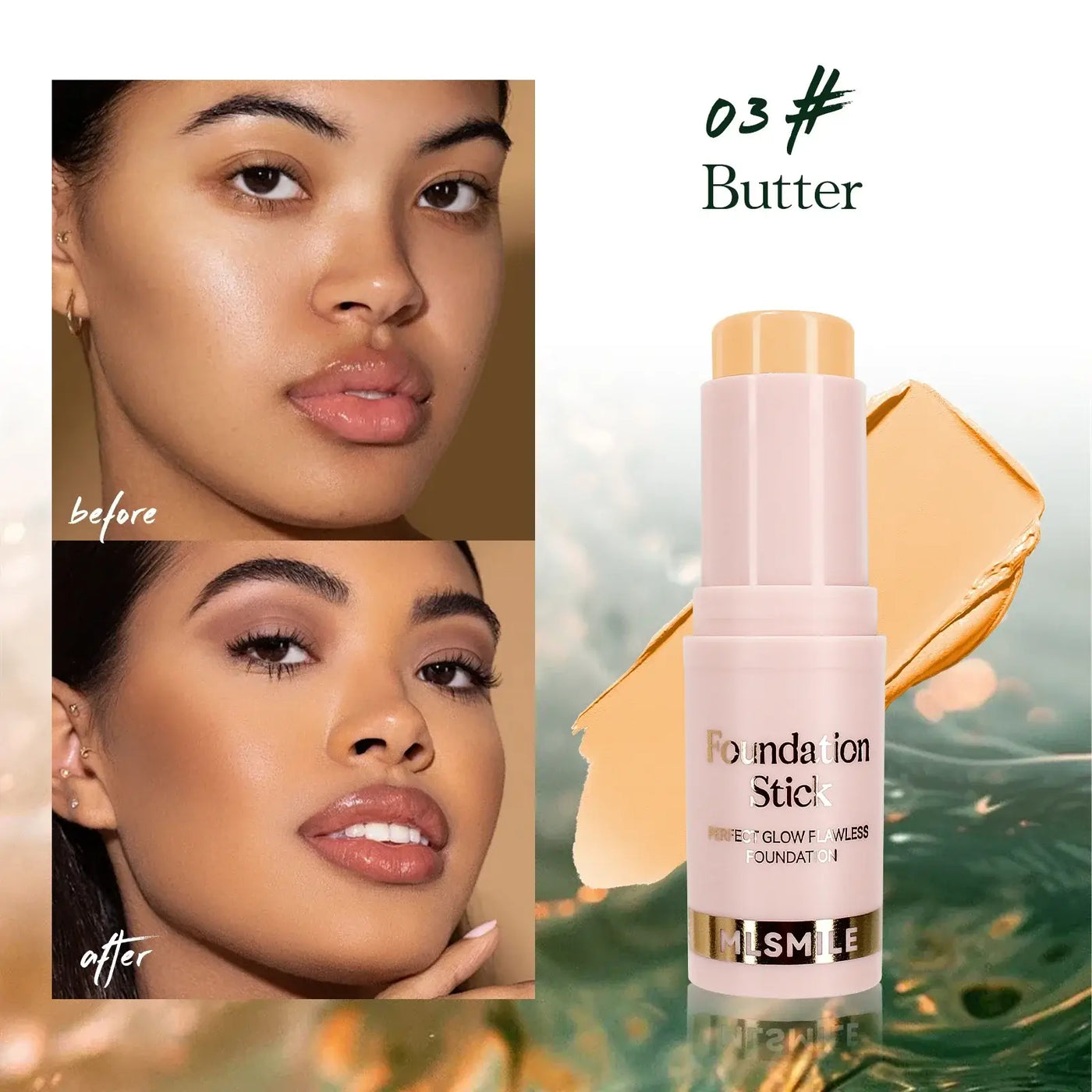 Frost Glow Cosmetics Waterproof Cream Foundation Stick in Golden, showcasing before and after skin transformation.