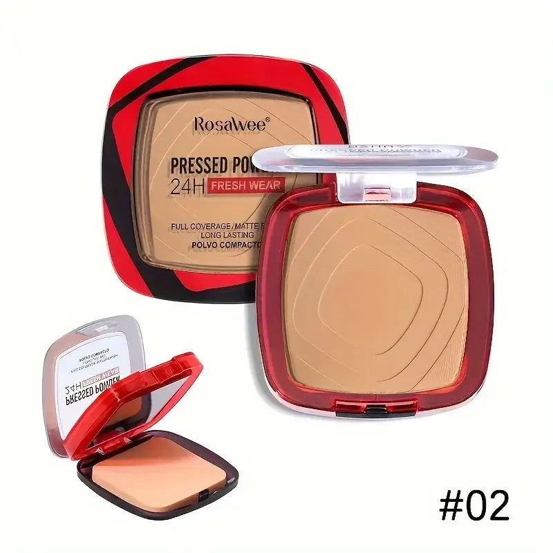 Frost Glow Cosmetics matte pressed powder foundation. Full coverage, 24H wear, weightless finish with puff applicator for all-day makeup.
