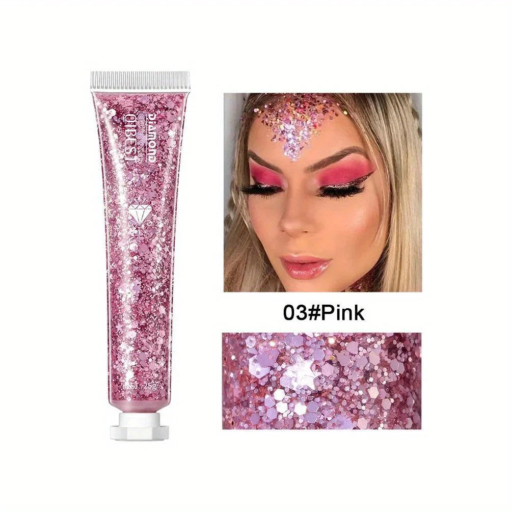 Collage of glamorous Halloween makeup featuring glitter tubes and creative face designs by Frost Glow Cosmetics.