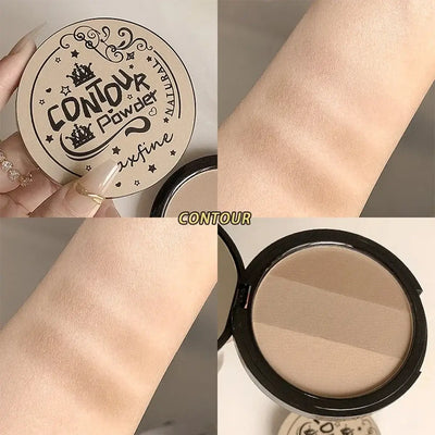 Frost Glow Cosmetics bronzer palette showcasing three contour shades: light, medium, and dark, with application tips.