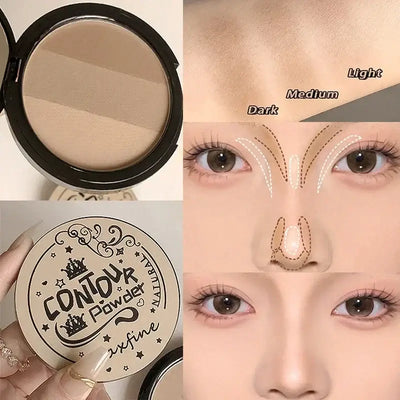 Frost Glow Cosmetics bronzer palette showcasing three contour shades: light, medium, and dark, with application tips.