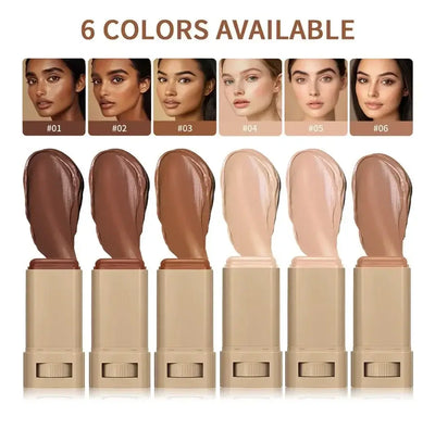 Frost Glow Cosmetics Balm Skin Eraser Stick displayed with various shades and models showcasing diverse skin tones.