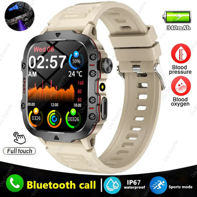 Conquer every challenge with Frost Glow Cosmetics 2025 Military Smart Watch – rugged, waterproof, fitness tracker & Bluetooth calls.