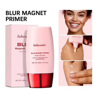 Lakerain Blur Magnet Primer shown in packaging, demonstrating application on skin for a flawless makeup finish.