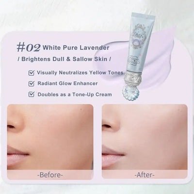 Illustration of Frost Glow Cosmetics Primer benefits: Triple-tone customization, pore-blurring effect, soft-focus complexion, hydrating skin fusion.